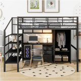 Metal Loft Bed With Table Set And Wardrobe, Full