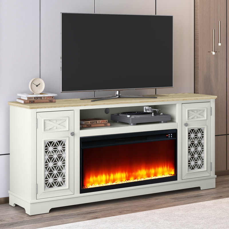 Meuble télé avec foyer, Blanc / Naturel