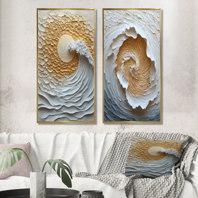 Beige et blanc lever de soleil abstrait vagues I - abstrait spirales murales, ensemble de 2 pièces
