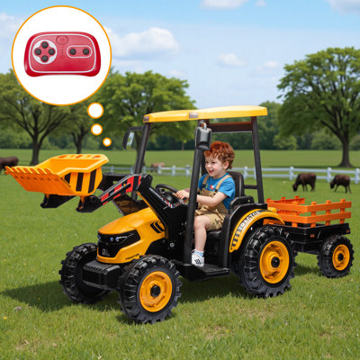 24V Ride on Tractor for Kids with Trailer & Front Loader, 3-in-1 Electric Construction Vehicle, Dual Motors, All-Terrain Wheels, MP3/USB/Bluetooth, LED Lights, Outdoor Gift for Ages 3-8 (Yellow)