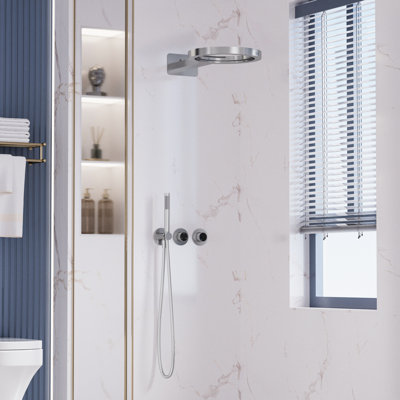 Système de douche mural à 3 fonctions avec pomme de douche de plafond ronde à effet pluie et cascade, douchette à fonction unique, ensemble de robinet de douche dissimulé en laiton massif