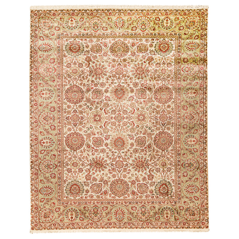 Tapis crème et vert noué à la main de haute qualité
