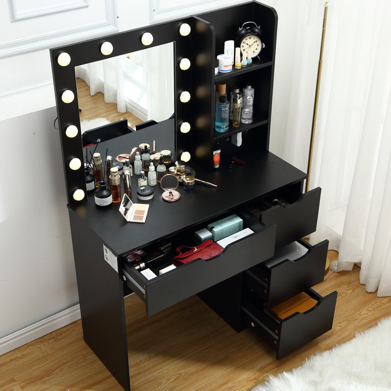 Coiffeuse de 35 po avec miroir à DEL et prise de courant intégrée, meuble-lavabo à 4 tiroirs avec 3 tons de lumière réglables pour la chambre à coucher et le studio de maquillage professionnel