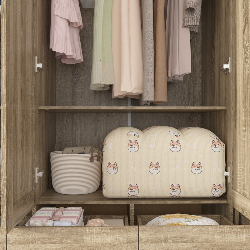 2-Piece Wardrobe Set with Rattan Doors, Hanging Rods, Shelves and Drawers, Large Bedroom Closet Storage System