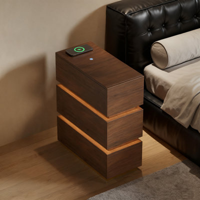 Modern Narrow 3 Drawer Nightstand with LED Lights & Wireless Charging Station  for Small Spaces