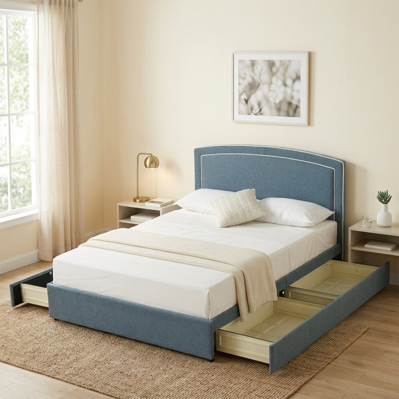 Lit plateforme moderne capitonné avec tête de lit arquée, passepoil contrastant et quatre tiroirs de rangement, taille standard, lin bleu