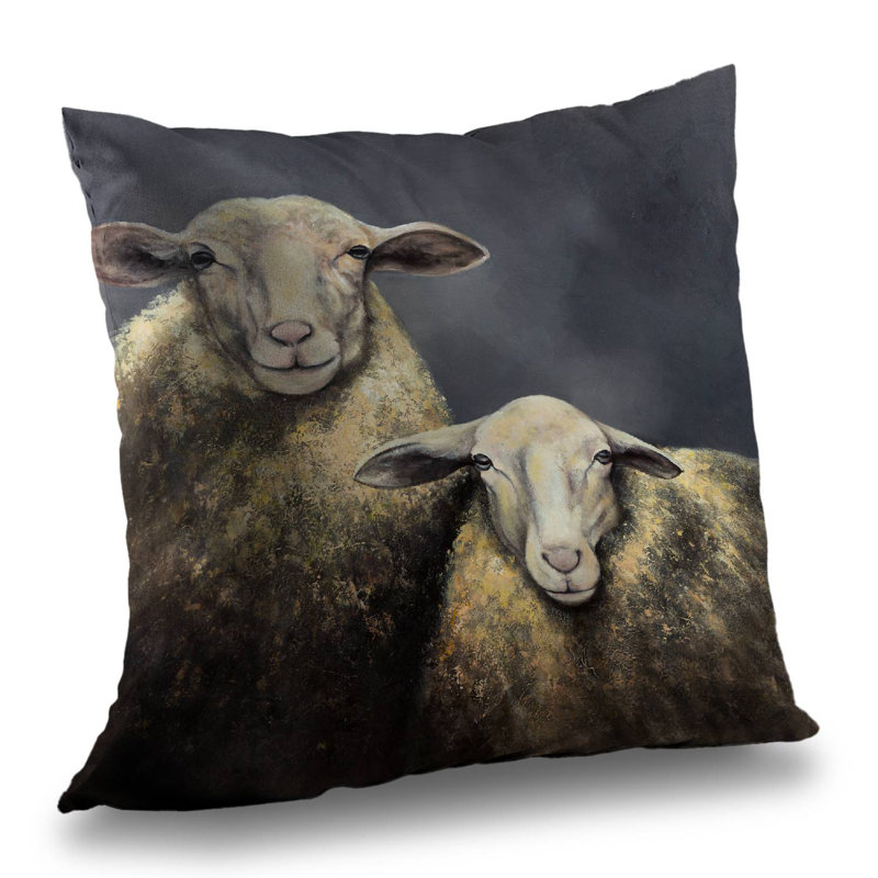 Two Sheeps Beige Poly Twill Throw Pillow – Poly Twill Throw Pillow with Insert, Double-Sided Print