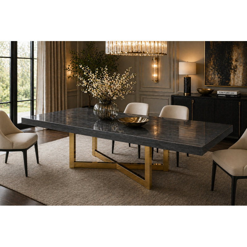 Table de salle à manger extensible Maximo Graphite Lacquer, Graphite laqué / or champagne brossé