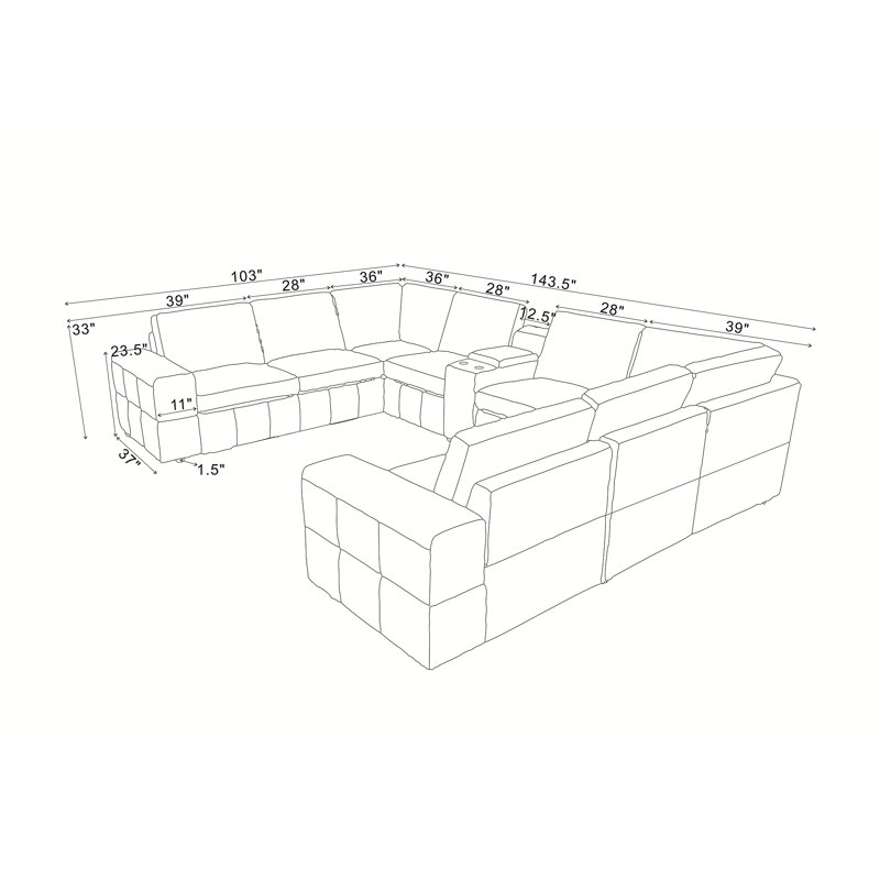 Canapé modulaire à large accoudoirs en cuir assorti, Similicuir vert olive, H 33 po x l 143,5 po x P 103 po