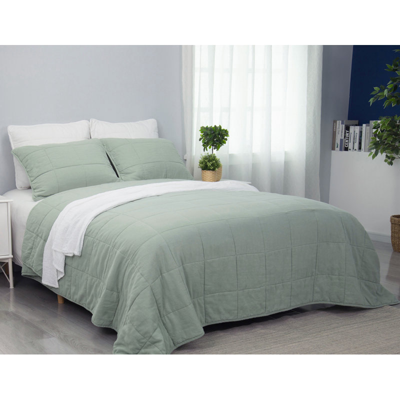 Sage Green Cotton Queen Quilt Set with Pillow Shams