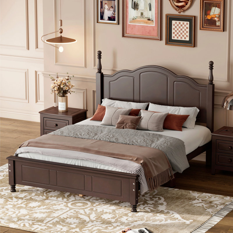 Base de lit plateforme en bois, lit plateforme de style rétro avec support en lattes de bois, Noyer, Grand lit