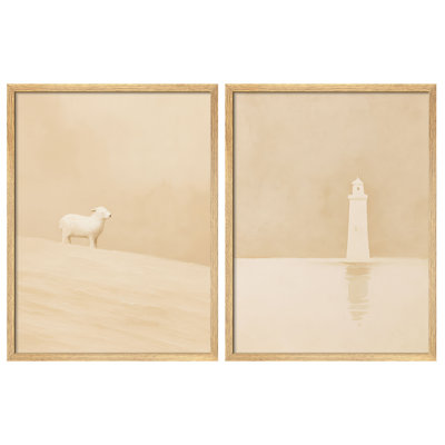Doux agneau beige et phare, ensemble de 2 reproductions d'art encadrées - Scène côtière calme pour la chambre à coucher du salon