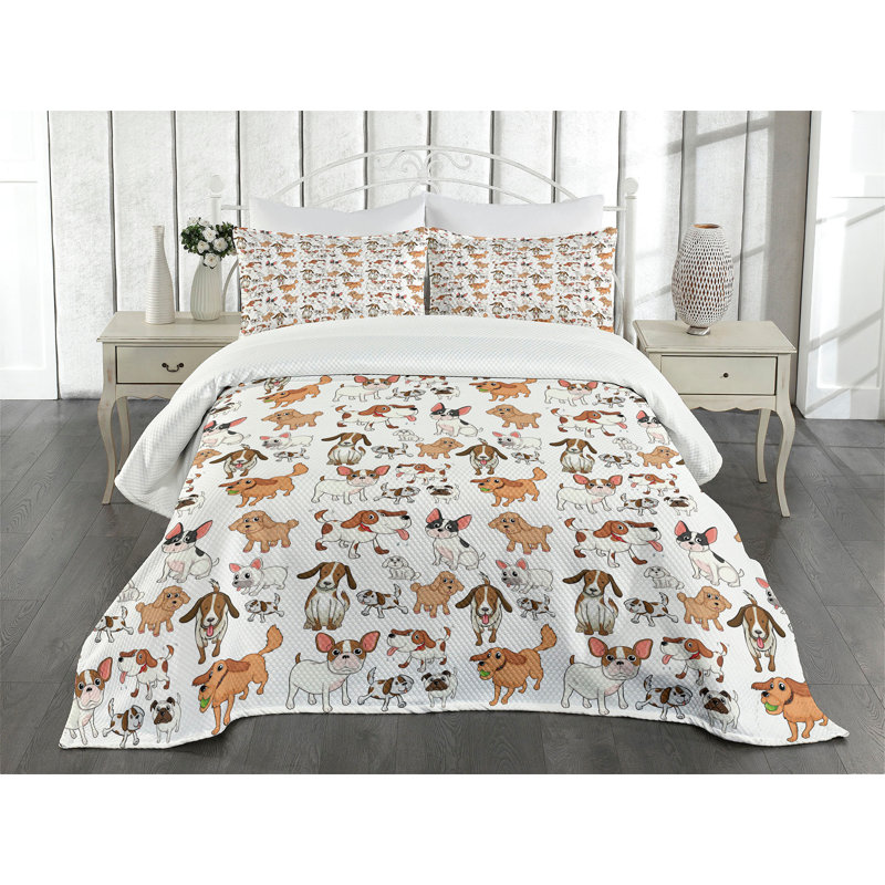 White Quilted Queen Bedspread Set with Dog Print