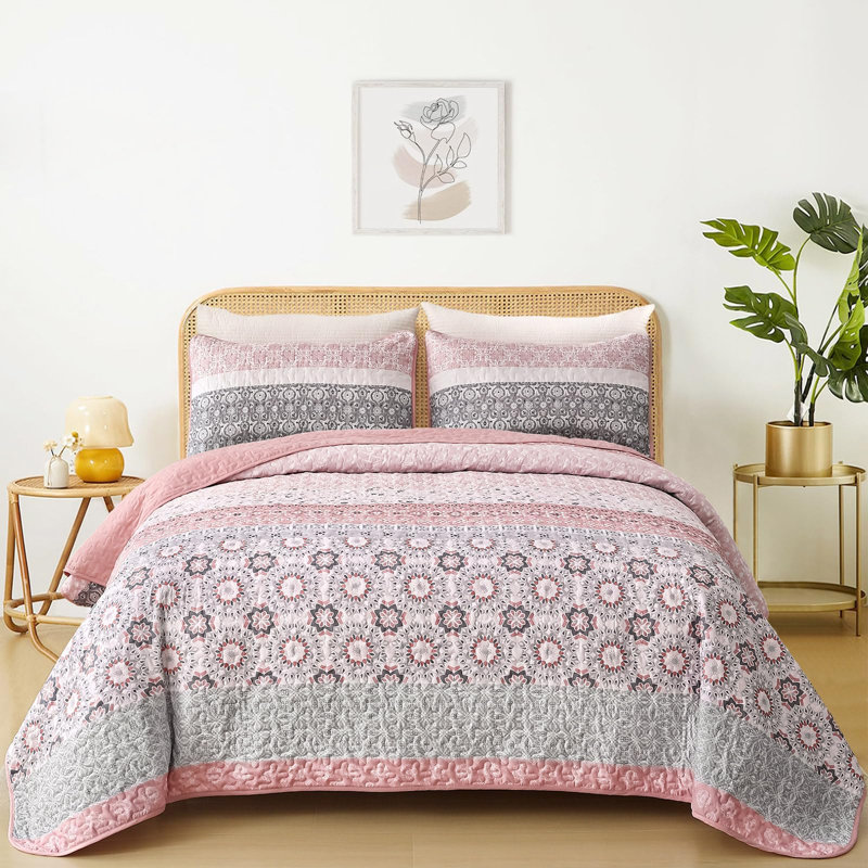 Ensemble de 3 ensembles de courtepointe Boho, Courtepointe très grand et 2 très grandes taies , Rose
