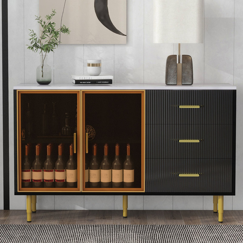 Modern Sideboard Buffet Cabinet Marble Sticker Tabletop And Amber-Yellow Tempered Glass Doors With Gold Metal Legs & Handles