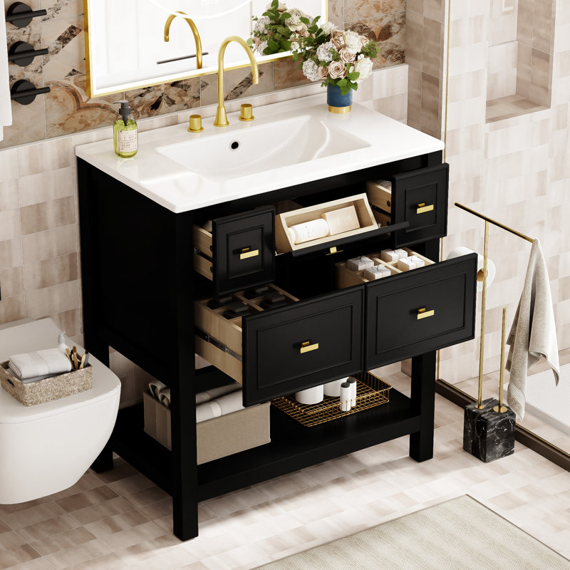 Meuble-lavabo de salle de bain 30 po avec lavabo et tiroir en céramique, Noir, noir, noir, noir