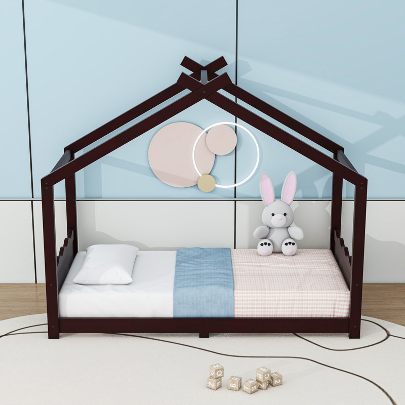 Wood House Floor Bed With Slats, Twin, Espresso