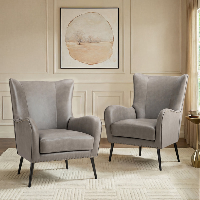 Atalyia 30" W Faux Leather Wingback Armchair with Nailhead Trim, Grey Vegan Leather