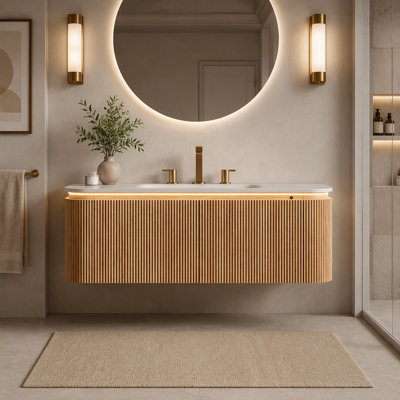 Meuble-lavabo suspendu de 122 cm avec lavabo intégré en pierre frittée cintrée à chaud à motif de travertin, 2 tiroirs et éclairage à détecteur de mouvement