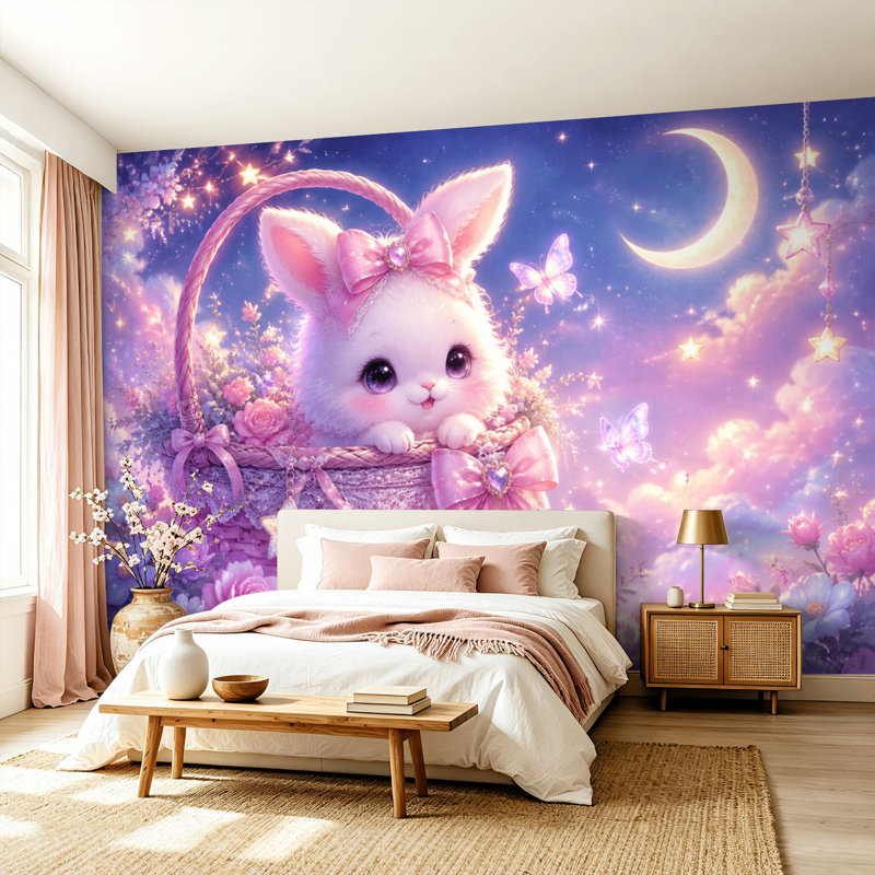 Papier peint adhésif pelez et collez, panier magique de rêve, fleurs roses, papillons, croissant de lune, art mural auto-adhésif et amovible