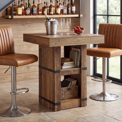 Table de bar carrée de 80 cm de long x 95 cm de hauteur, avec étagères de rangement, idéale pour la cuisine, le coin repas ou un appartement.