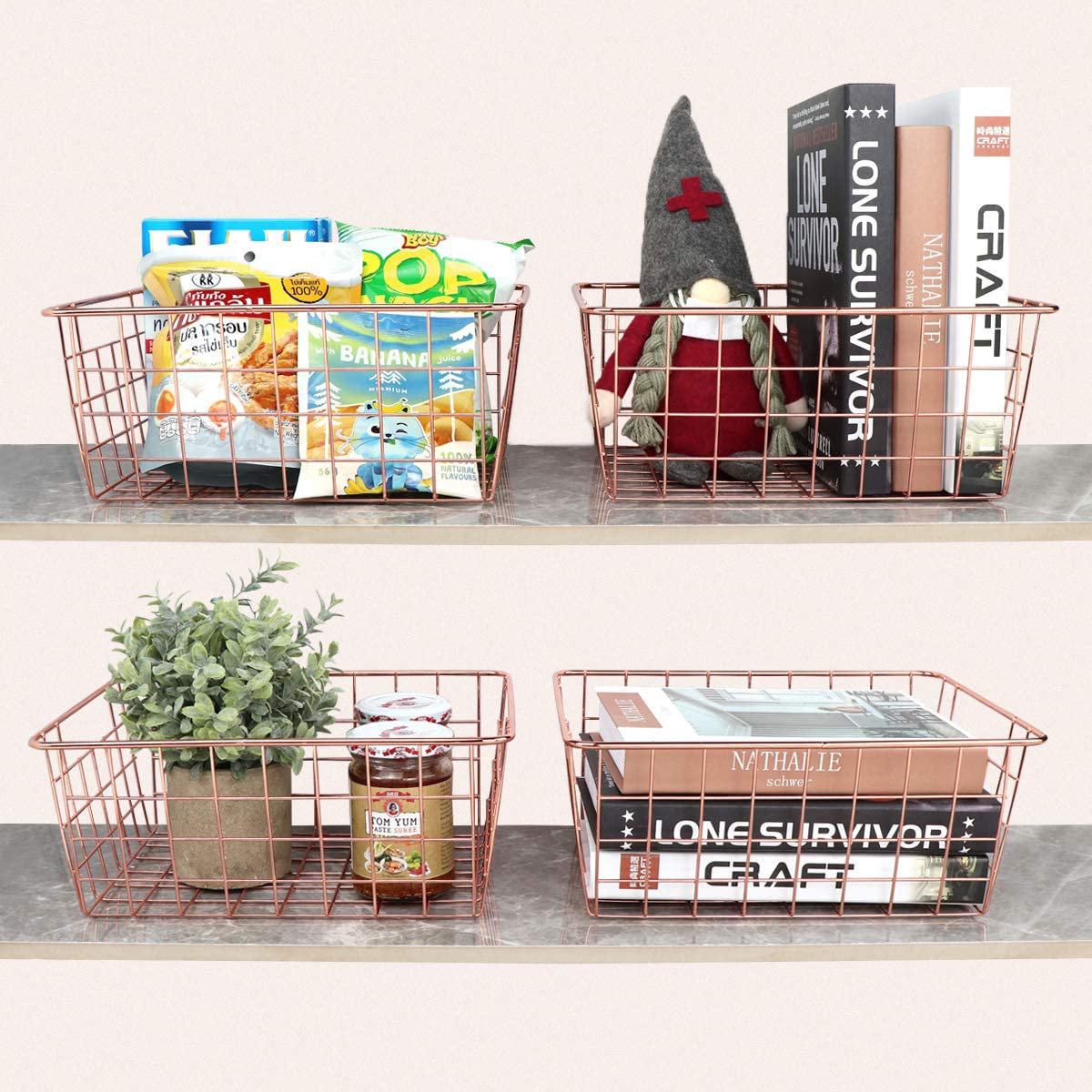 4 Pack [ XL Large ] STACKABLE Wire Baskets for Organizing - Pantry Storage  and Organization Metal Bins for Produce, Food, Fruit - Kitchen Bathroom  Closet Cabine…