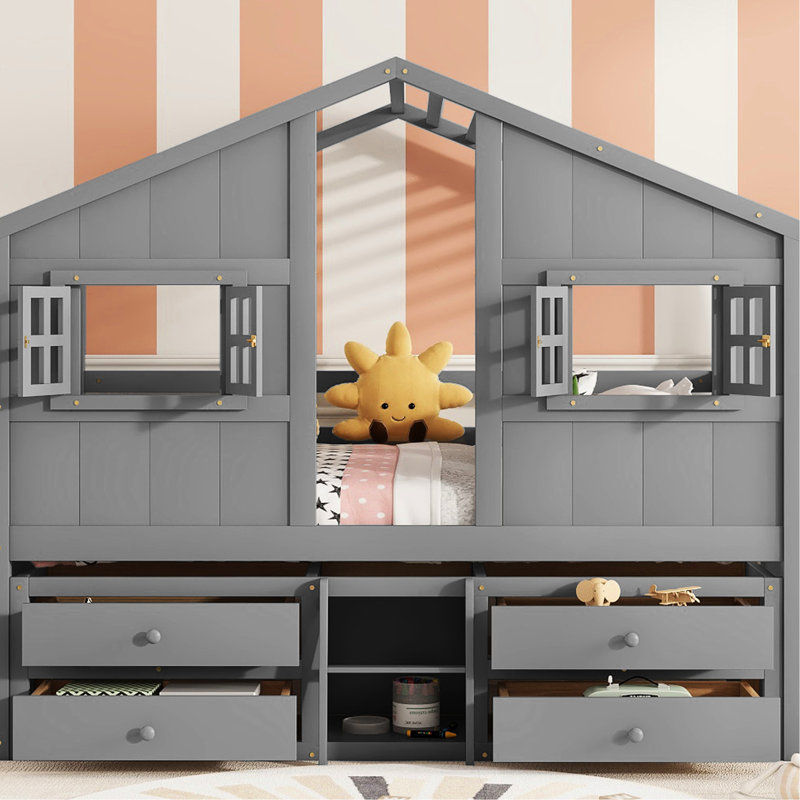Lit mezzanine en bois de pin gris avec toit, fenêtres, 4 tiroirs de rangement, garde-corps et espace semi-privé en bois avec éléments décoratifs