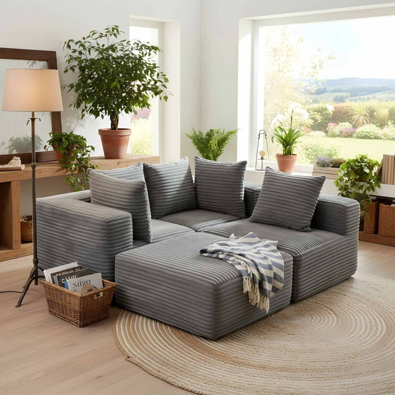 104.72" Wide Corduroy Sectional, Green Corduroy