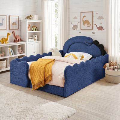 Full Size Cute Dinosaur-Shaped Bed with Safety Guardraild, Solid Wood  Bed Frame for Bedroom, Boucle Fabric