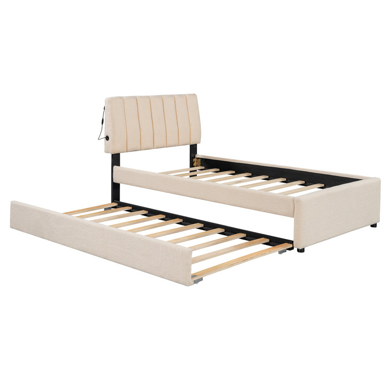 Lit plateforme tapissier Teddy, Beige, Lit simple