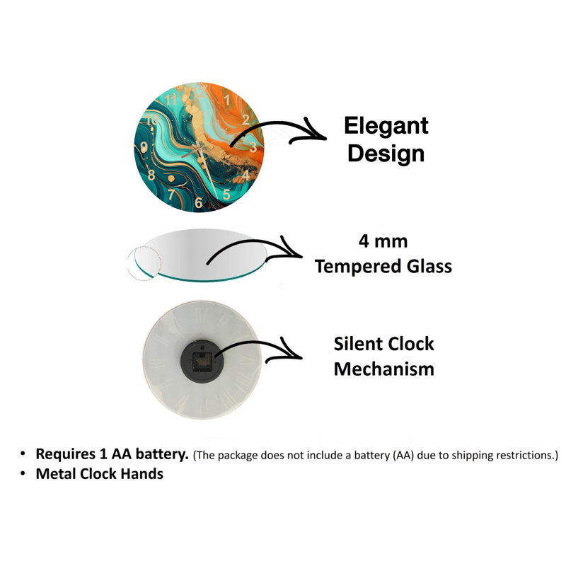 Modern Abstract Teal, Orange, and Gold Ink Swirl Tempered Glass Silent Non-Ticking Wall Clock, Black