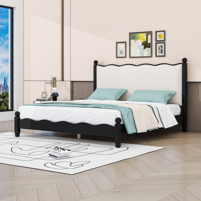 Lit plateforme avec tête de lit tapissier et structure en bois robuste, Noir, Grand lit