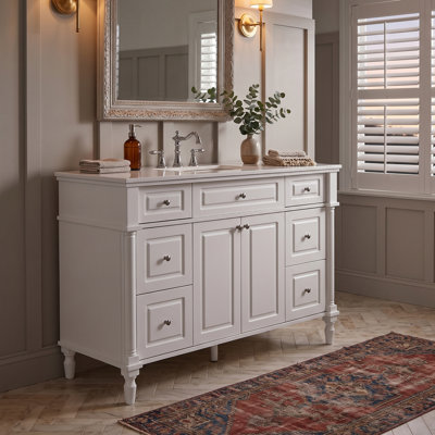 Meuble-lavabo vintage 48 avec lavabo en résine, structure en bois massif, 6 tiroirs et portes à fermeture douce (blanc/noir)
