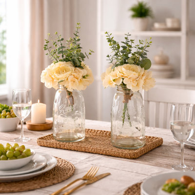 50 oz. Lighted Farmhouse Mason Jar Floral Centerpieces - Set of 2 Large Glass Vases with Artificial Peonies, Eucalyptus, and Remote-Controlled LED Fairy Lights - Rustic  Decorative Arrangement