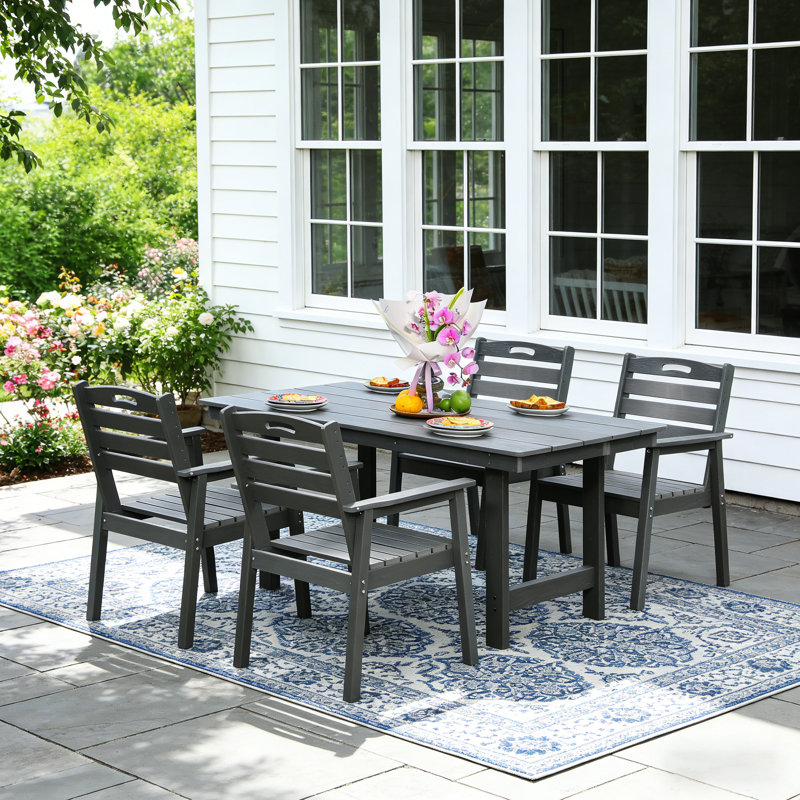 4-Person Outdoor Patio Dining Set with Umbrella Hole, Table and 4 Chairs, Gray, 4