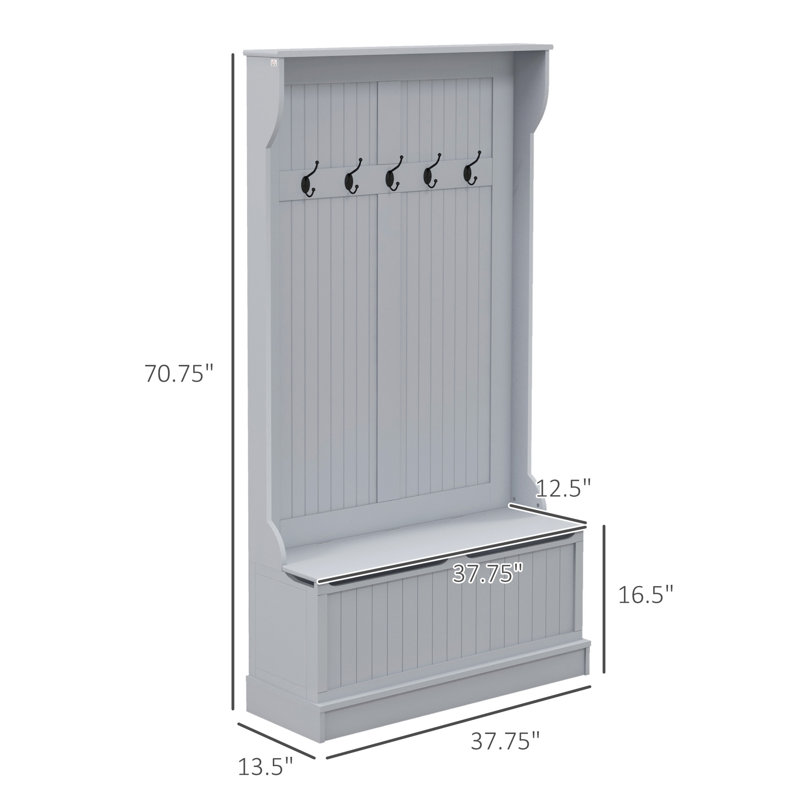 3-In-1 Entryway Hall Tree With Storage Bench, Coat Rack With Five Hooks And Shoe Storage, Gray