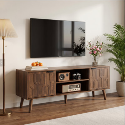 Meuble télé en noyer massif de 120 cm (47,2 pouces), design avec pieds en forme de trombone, centre multimédia avec rangement, pieds en bois massif, compatible avec les téléviseurs jusqu'à 122 cm (48 pouces).