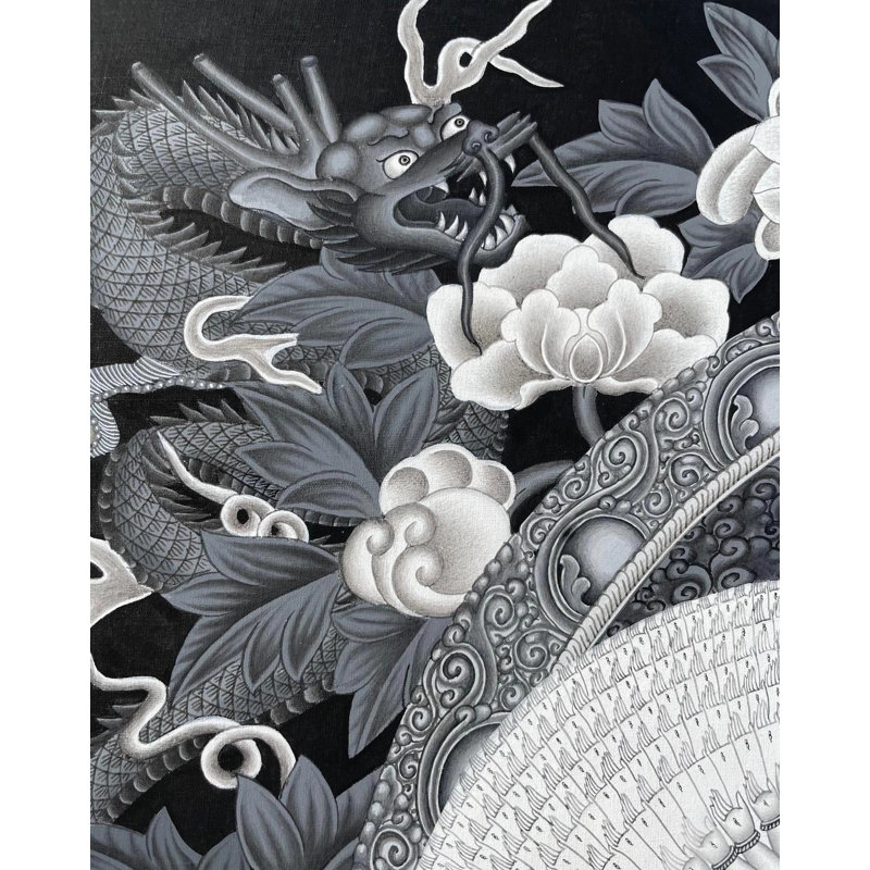 Chengrezig Thangka à 1000 bras noir et blanc dans un style Newari Thangka (Brocadeless Thangka)