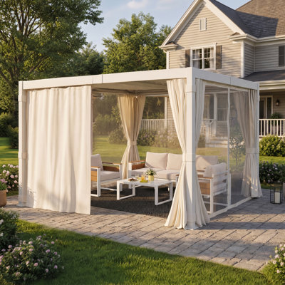 Pergola en aluminium 10 x 12 pi avec canapé modulaire d'extérieur 4 pièces pour 5 personnes et rideaux résistants aux intempéries