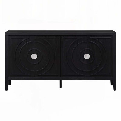 Wood Console Table with  Circular Groove Design Round Metal Door Handle