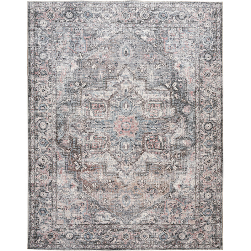 Lyiah Oriental Machine Washable Polyester Area Rug in Gray, Rectangle 7'10" x 9'10"