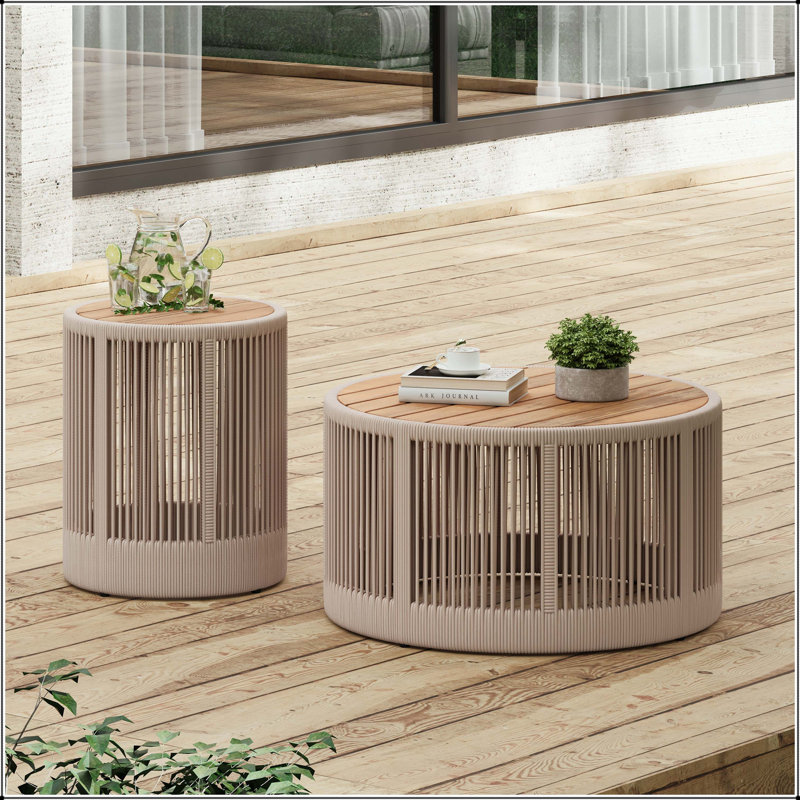 Ensemble de table industrielle rustique - table basse et table d'appoint avec corde tissée beige, Teak+ Beige