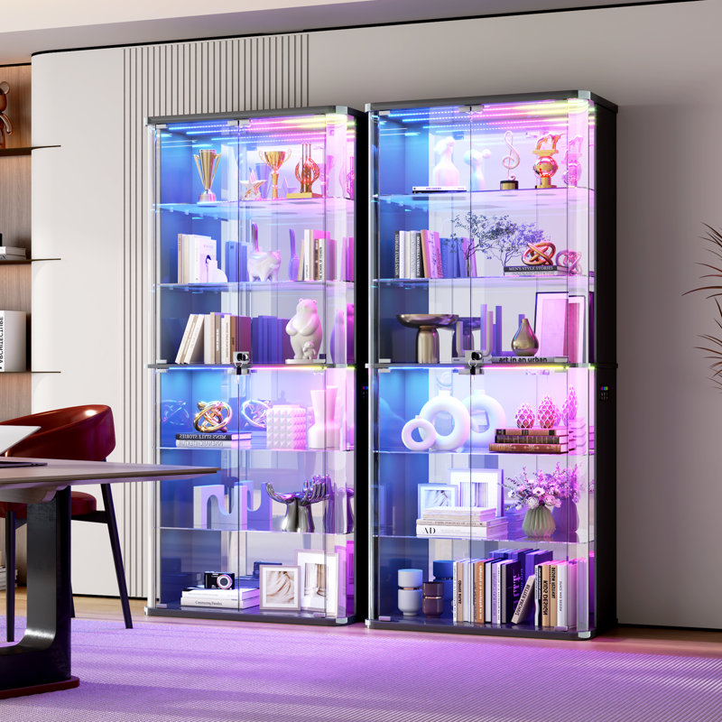 70.9" T Glass Door Display Cabinet with RGB Light, 6-tier Rounded Corner Storage Cabinet with Human Body Sensor , Black