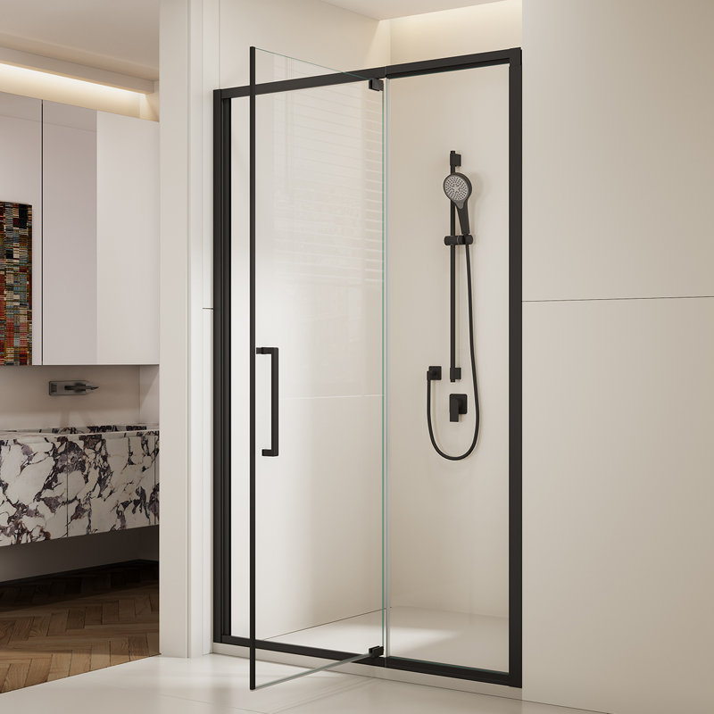 Porte de douche à cadre réglable l 44 à 48 po x H 76 po, verre trempé SGCC, aluminium noir mat, installation réversible