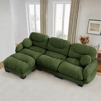 Canapé modulaire confortable en tissu de chenille plissé 3 places avec siège ergonomique en mousse haute densité, canapé modulaire en forme de L avec repose-pieds, accoudoirs arrondis arrondis et 2 coussins décoratifs ronds, vert