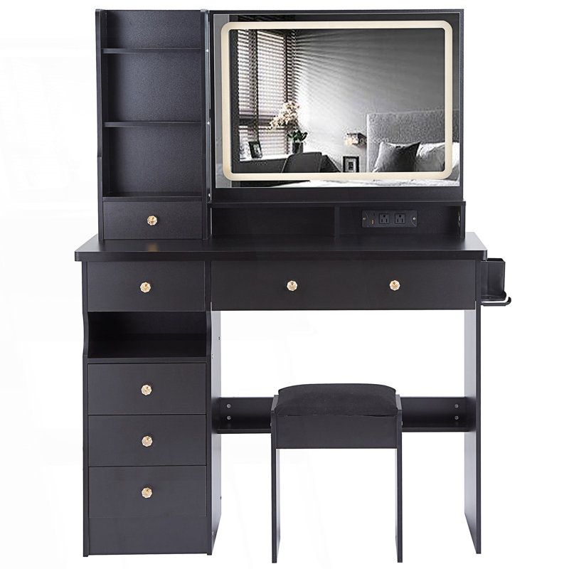 Grande coiffeuse avec miroir à DEL, centrale électrique et rangement, Noir
