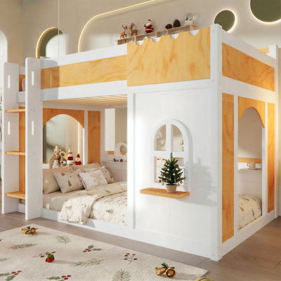 Pine + Mdf Wooden Bunk Bed With Ladder, Storage Shelves, Decorative Window & 2 Doors, White + Natural