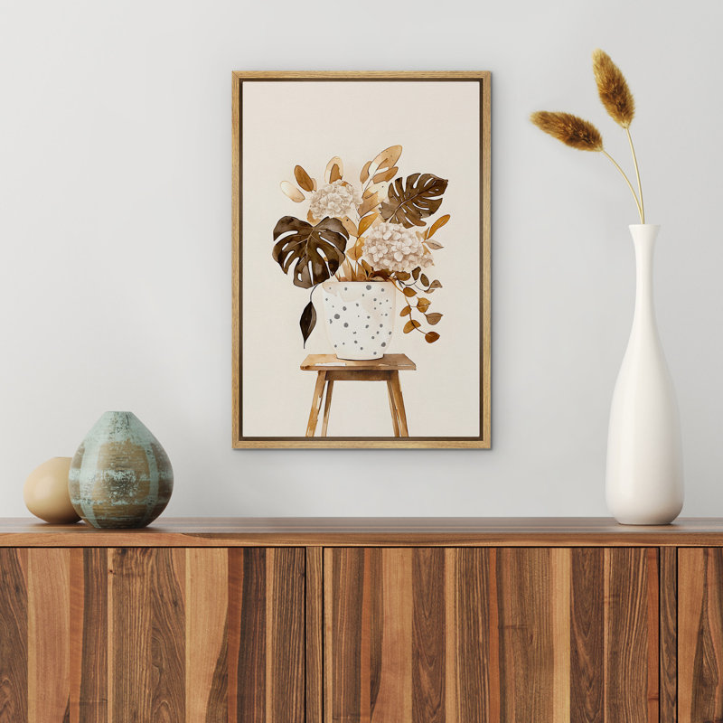 «Hydrangea And Monstera Rustic Neutral Brown», impression sur toile encadrée, Naturel, H 24 po x l 16 po