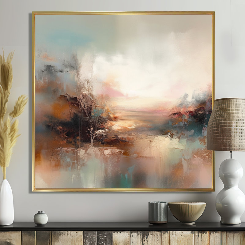 «Brown Abstracted Nature I», art mural abstrait, Toile avec cadre flottant or, 44" H x 44" W