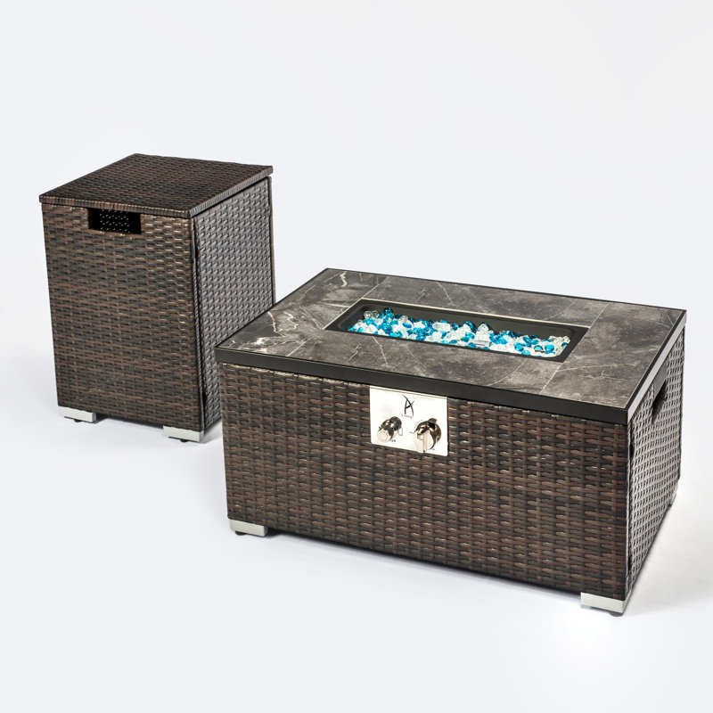 Table de foyer d'extérieur rectangulaire avec garantie pour l'alimentation en propane, brun foncé, plateau de table en carreaux de céramique, puissance thermique de 40000 BTU, cadre en acier, brûleur approuvé, couvercle de réservoir de flamme réglable, bureau